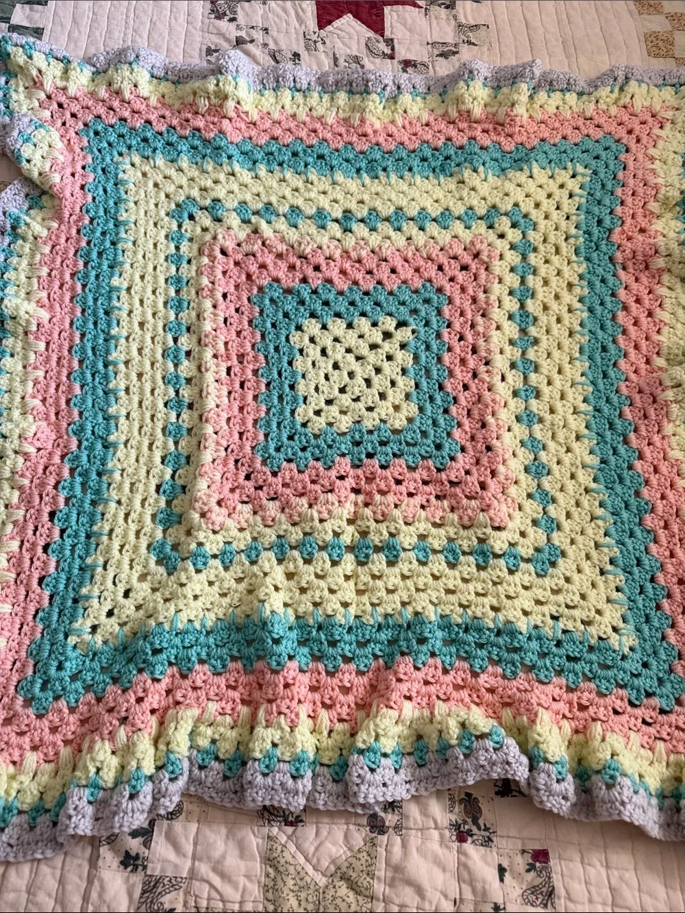 Pastel Crochet Baby Blanket in Pink, Blue, Yellow & Cream
